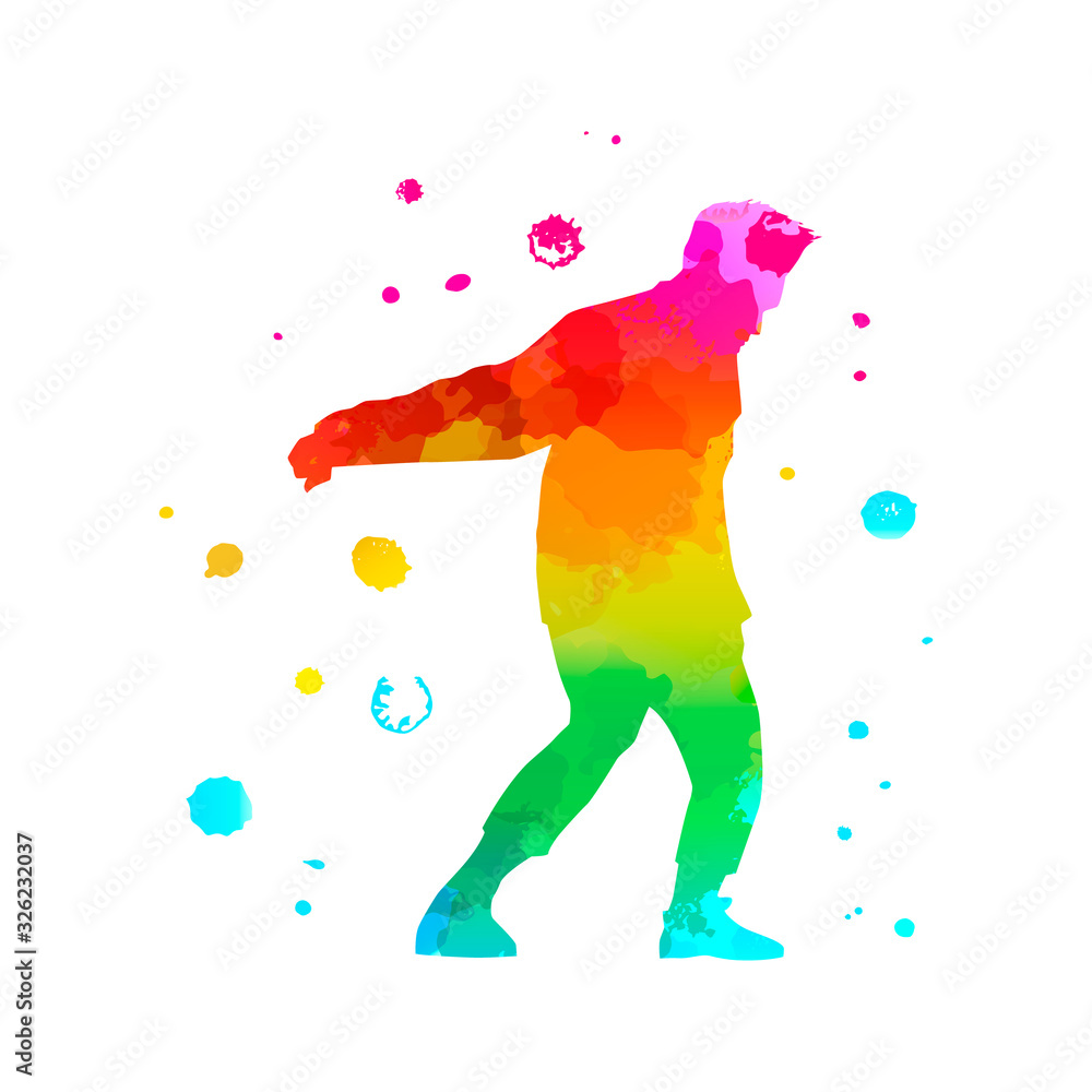 Color silhouette of a dancing man on white background. A male street dance hip hop dancer. Vector isolated man with watercolor texture for logo, sticker, banner, poster. Illustration for dance studio