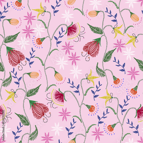 Fototapeta Naklejka Na Ścianę i Meble -  Floral embroidery seamless pattern. Sketch hand drawn botanical motifs. Doodle line, dash garden flowers, leaves, branches. Colorful vector texture for fashion, fabric, wallpaper, print. Retro style