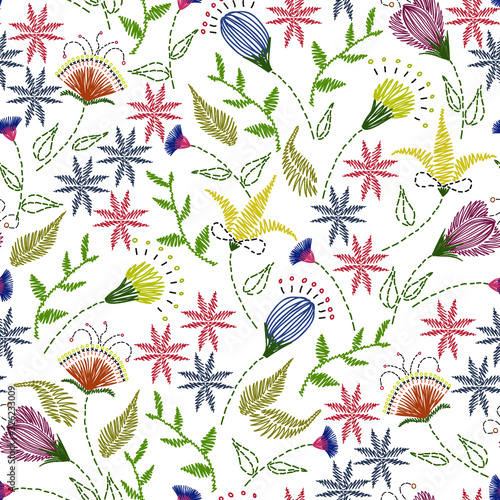 Floral embroidery seamless pattern. Sketch hand drawn botanical motifs. Doodle line, dash garden flowers, leaves, branches. Color vector texture for fashion, fabric, print in retro, ethic modern style
