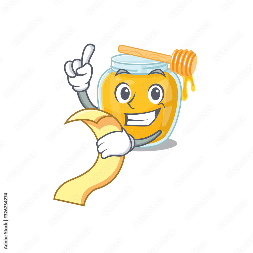 A funny cartoon character of honey holding a menu