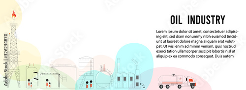 Gas oil industry platform Banner with Outbuildings, Oil storage tank. Poster Brochure Flyer Design, Vector Illustration
