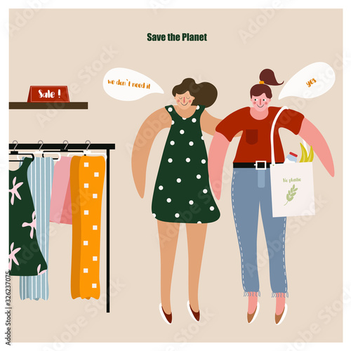 Сute illustration with girls about rational consumption and refusal of purchases