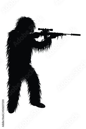 Sniper soldier in camouflage uniform and rifle gun silhouette vector