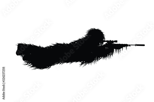 Sniper soldier in camouflage uniform and rifle gun silhouette vector