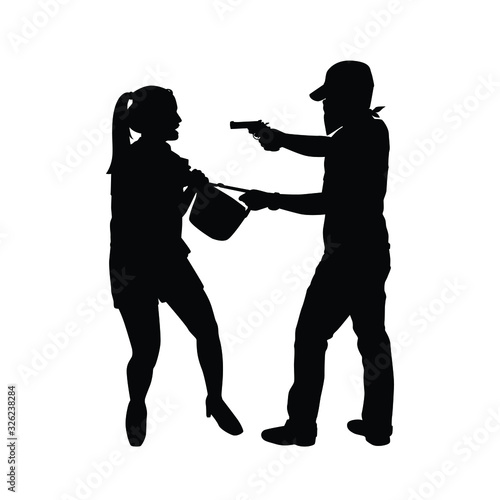 Bandit is robbing woman silhouette vector