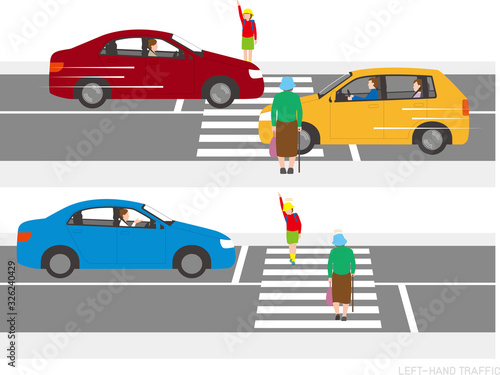 横断歩道を渡る歩行者と自動車.ベクター素材