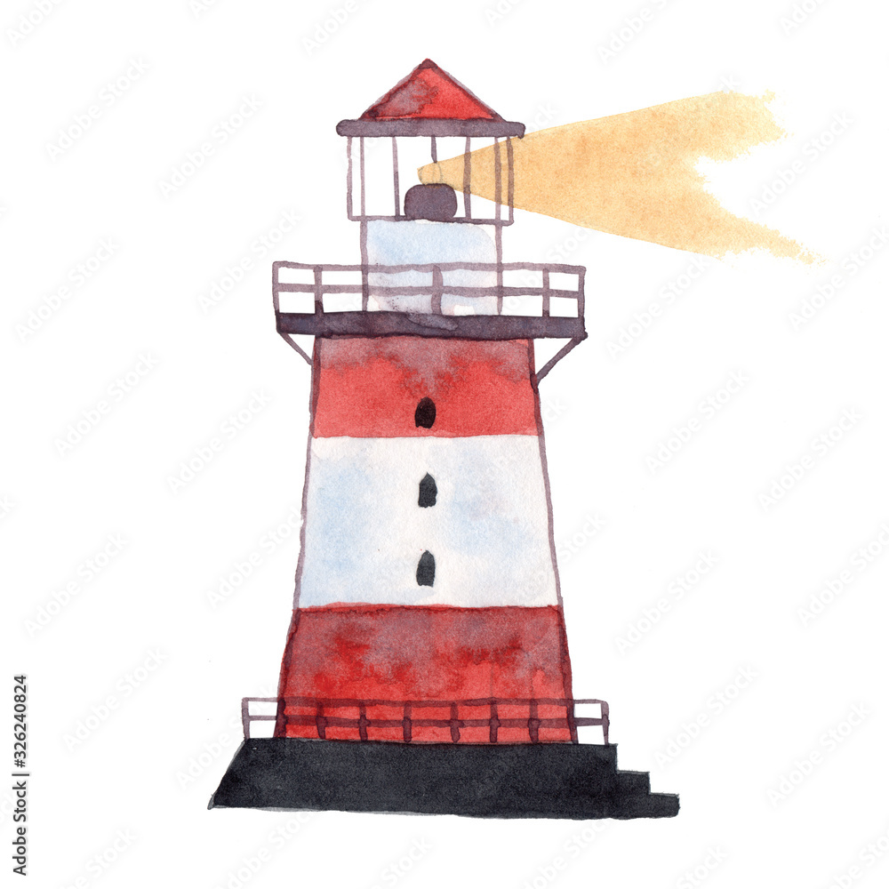 Watercolor lighthouse with white and red stripes, in retro style