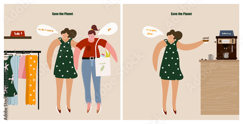 Set of cute illustrations with girls about smart consumption and caring for the planet