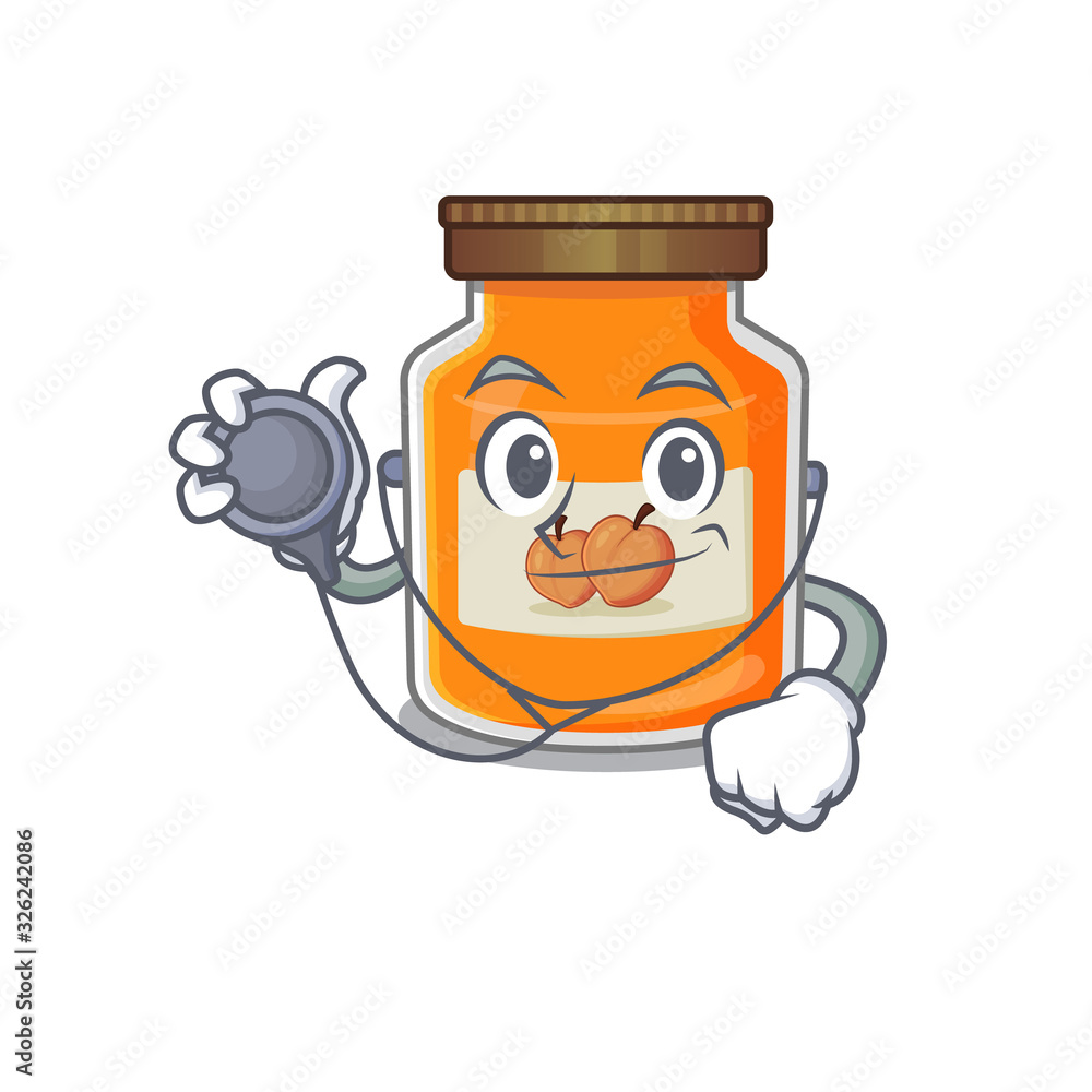 A mascot picture of peach jam cartoon as a Doctor with tools