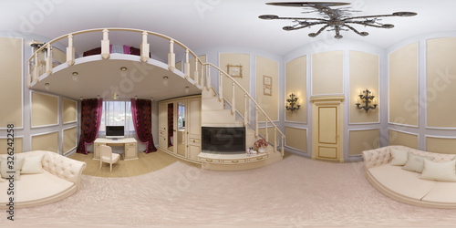 3d render of a seamless 360 degree panorama interior design of a girls bedroom in a private house