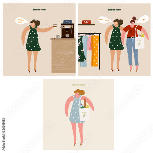 Set of cards with girls on the topic of ecology and reasonable consumption