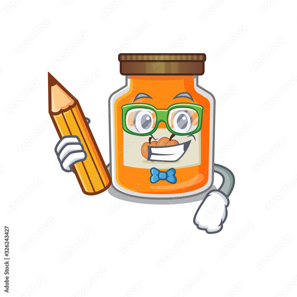 A smart Student peach jam character holding pencil