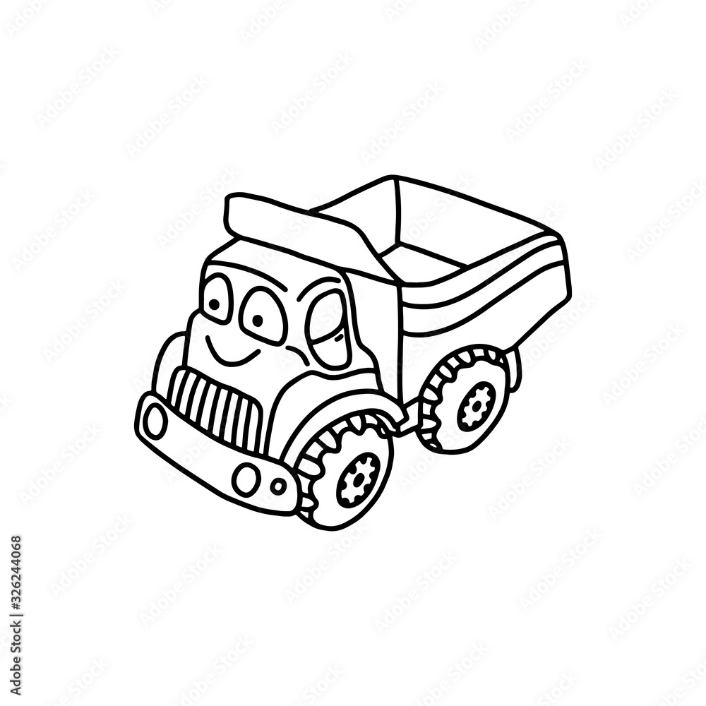 Funny toy dump truck in black outline style on a white background ...