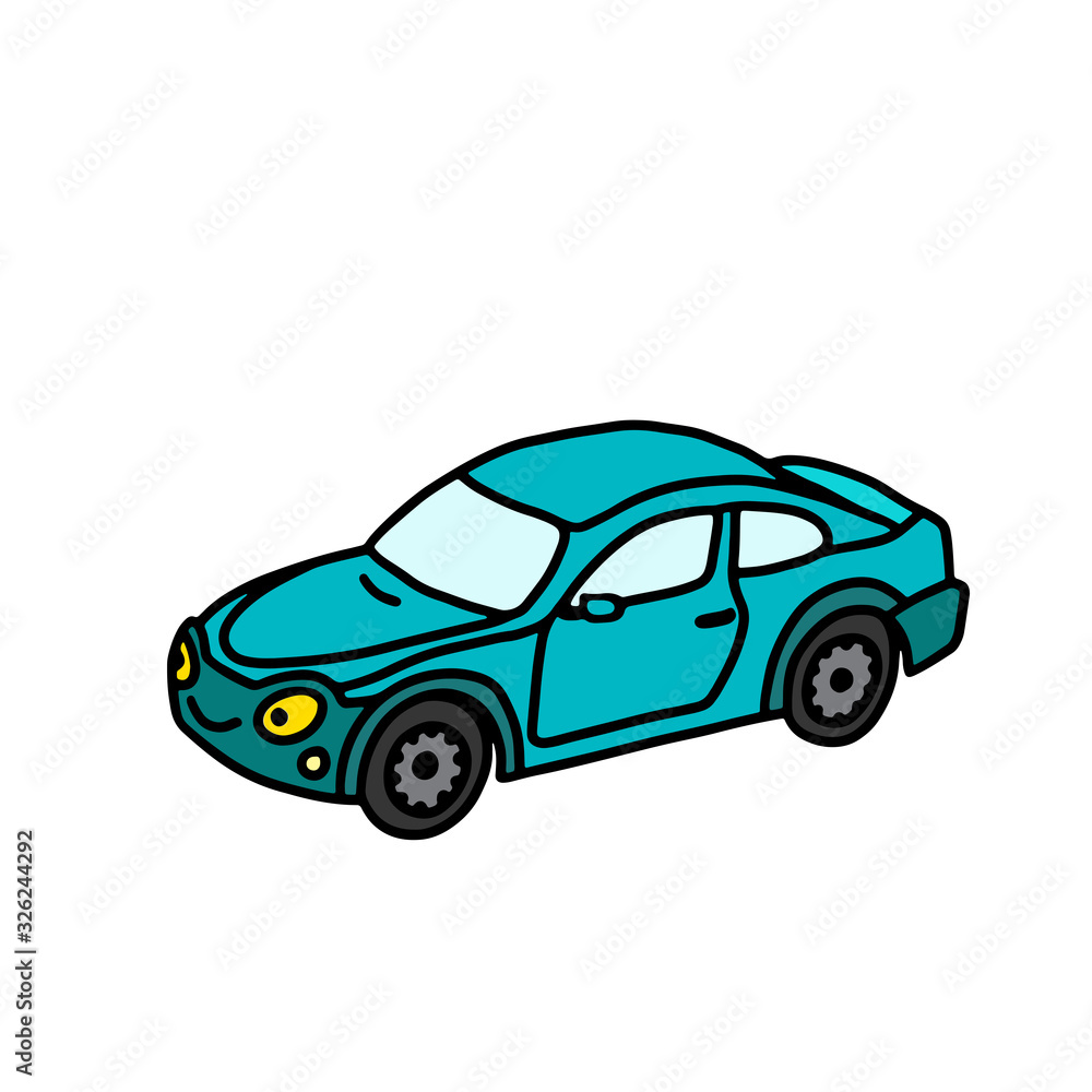 Funny toy car in cartoon style on a white background. Bright toy for kids. Coloring book for children. Vector illustration