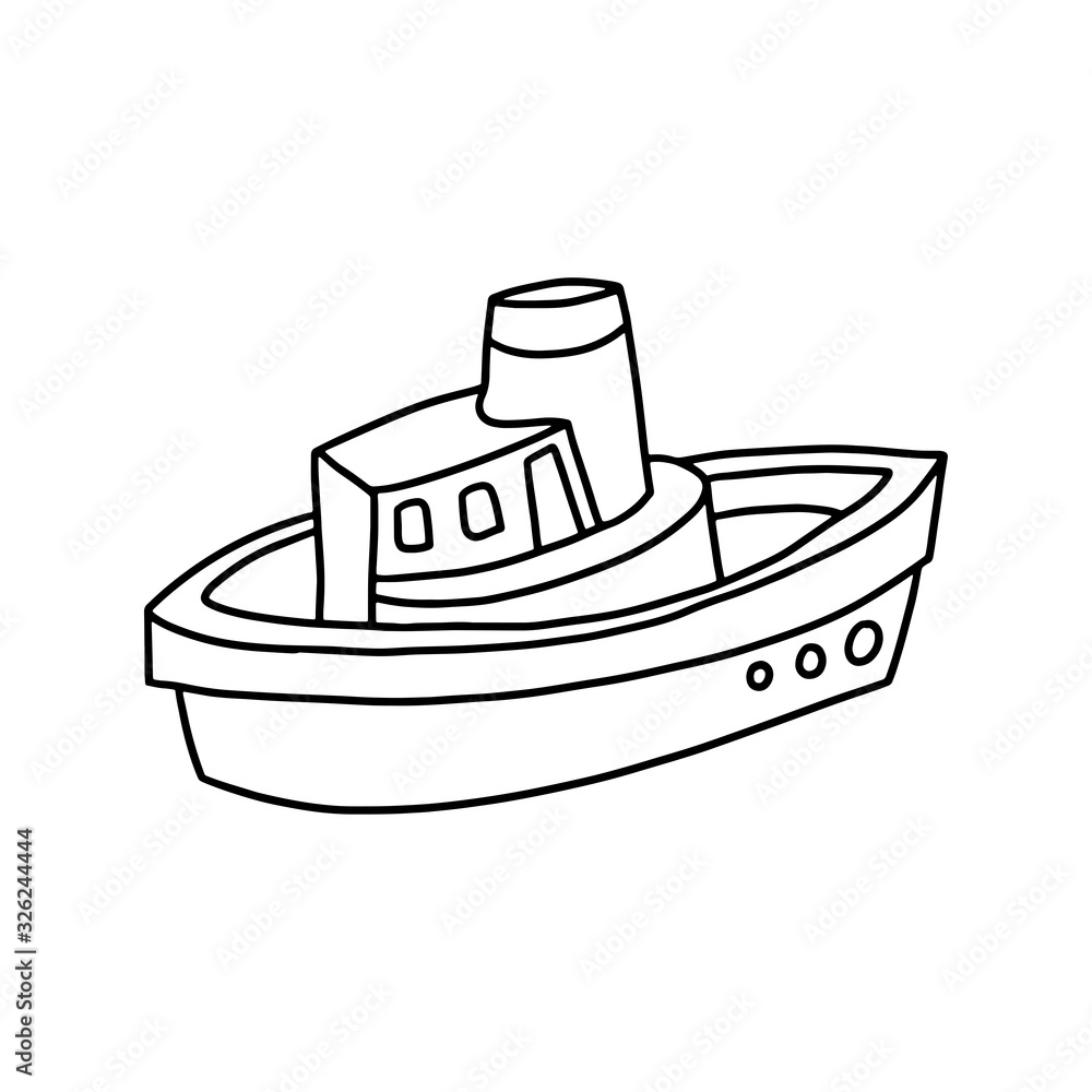 Funny toy boat in black outline style on a white background. Children toy. Coloring book for children. Vector illustration. Funny toy boat in black outline style on a white background. Children toy. Coloring book for children. Vector illustration.