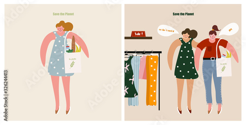 Set of cards with girls about green shopping