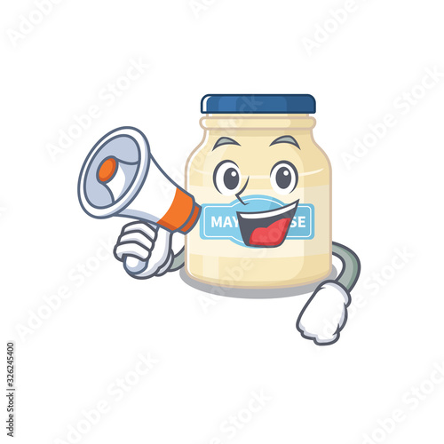 A mascot of mayonnaise speaking on a megaphone
