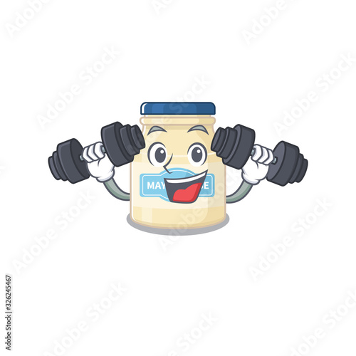 Sporty Fitness exercise mayonnaise mascot design using barbells