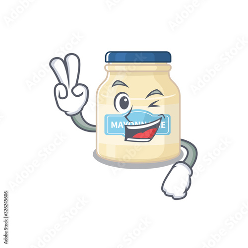 mascot of funny mayonnaise cartoon Character with two fingers