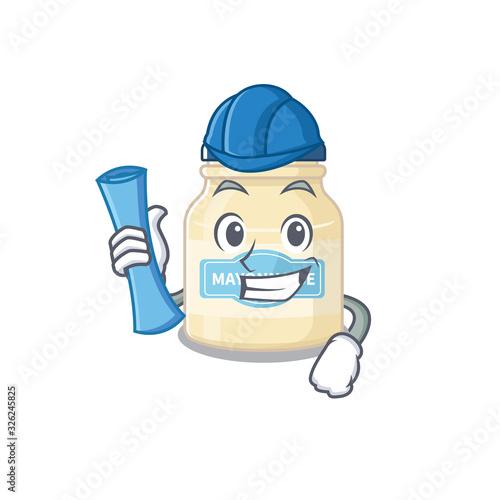 A success of mayonnaise Architect having blue prints and blue helmet