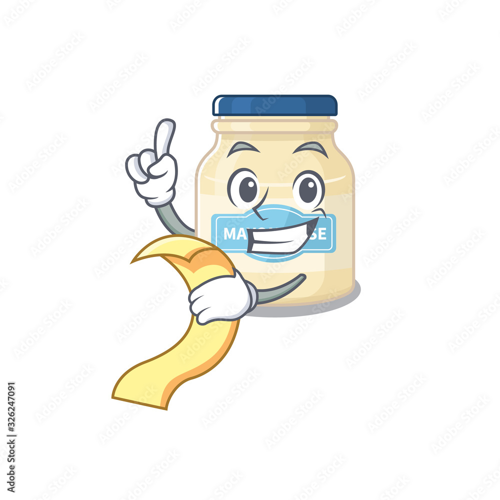 A funny cartoon character of mayonnaise holding a menu