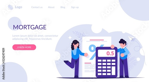 Mortgage calculator concept. Girl and the guy calculate the interest on the loan when buying a new house or apartment. Bank has a low interest rate. Landing web page template.