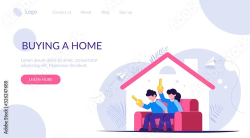Buying a home concept. Young family sits on the couch in a new house with keys in their hands. Buying a new apartment with the help of a bank. Landing web page template.