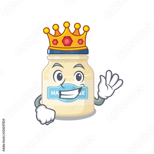 A cartoon mascot design of mayonnaise performed as a King on the stage