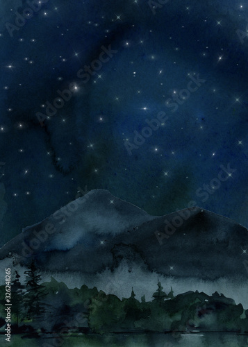 Watercolor night ready card  watercolor background  stars  mountains and sky at night