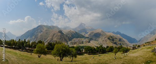 Panorama of Kazbegi mountains in Georgia