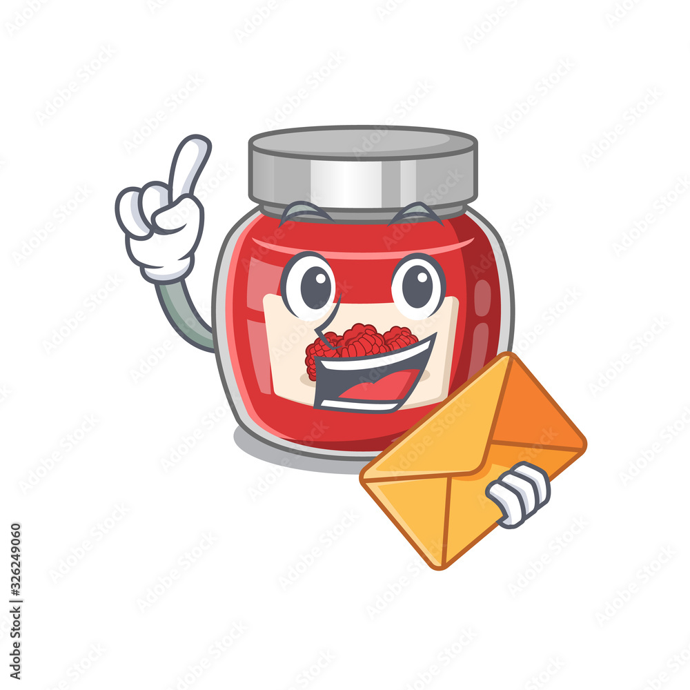 Happy face raspberry jam mascot design with envelope