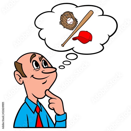 Thinking about Baseball - A cartoon illustration of a man thinking about playing a game of Baseball.