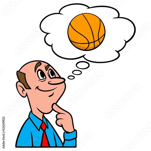Thinking about Basketball - A cartoon illustration of a man thinking about playing Basketball.