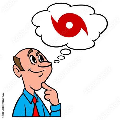 Thinking about Hurricane Preparation - A cartoon illustration of a man thinking about Hurricane Preparation.