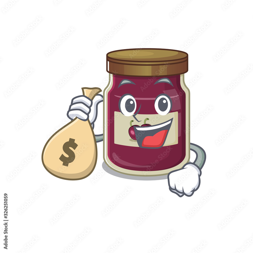 Rich and famous plum jam cartoon character holding money bag Rich and famous plum jam cartoon character holding money bag