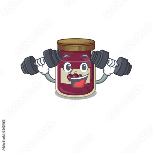 Sporty Fitness exercise plum jam mascot design using barbells