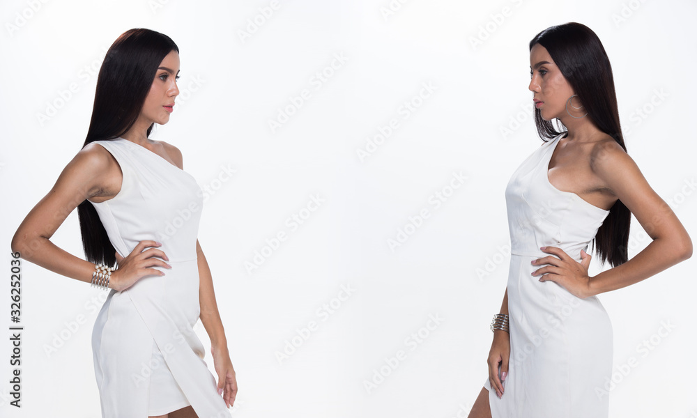 Fashion Transgender Young thin Asian Woman Tan skin long hair beautiful make up fashion white dress posing attractive glam wet look. Studio Lighting white isolated Background, collage group pack Fashion Transgender Young thin Asian Woman Tan skin long hair beautiful make up fashion white dress posing attractive glam wet look. Studio Lighting white isolated Background, collage group pack