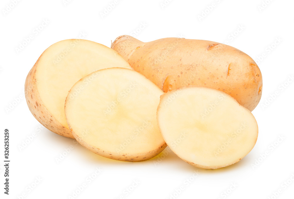 Raw potato sliced into pieces on white with clipping path.