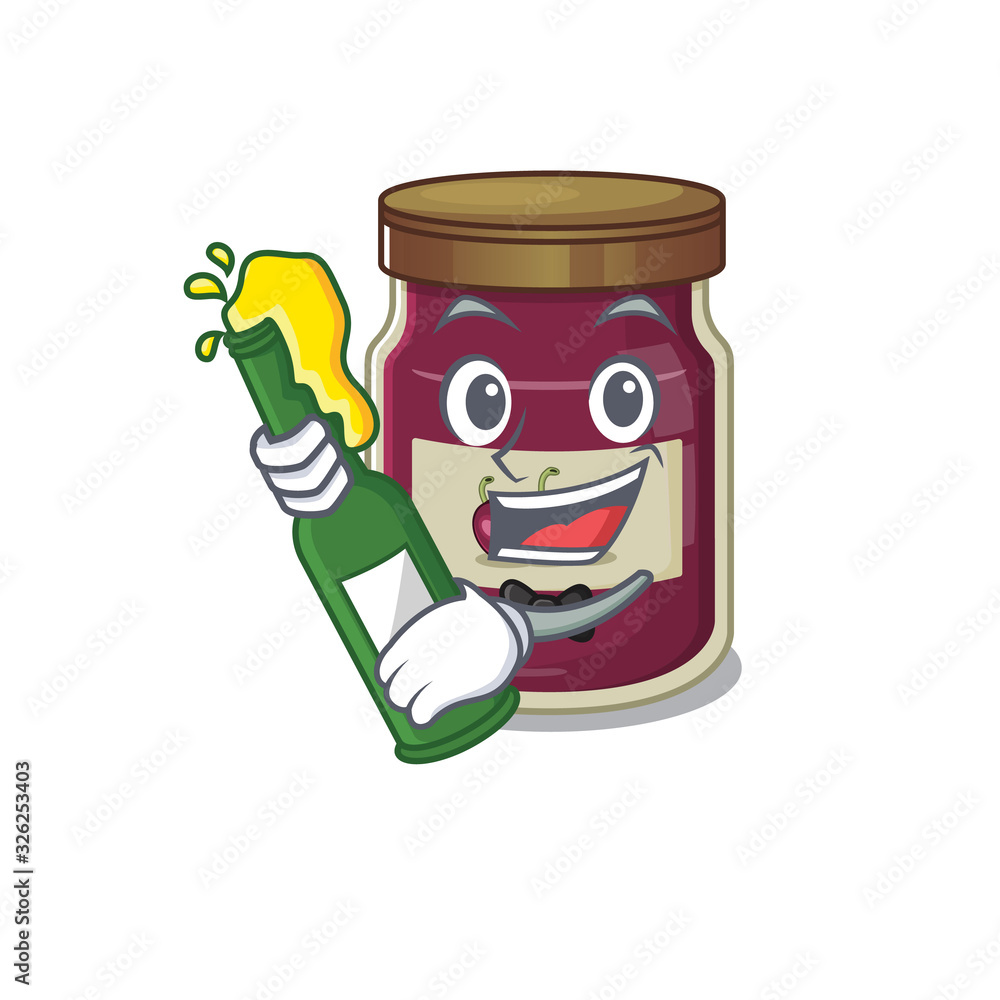 mascot cartoon design of plum jam with bottle of beer