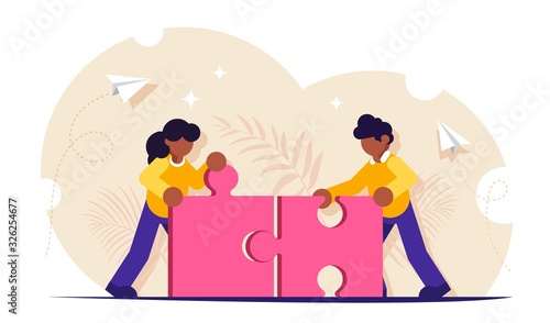 Teamwork concept. People work together. Achieving the goal together. Combining the figurines of the puzzle into a common detail. Modern flat vector illustration.
