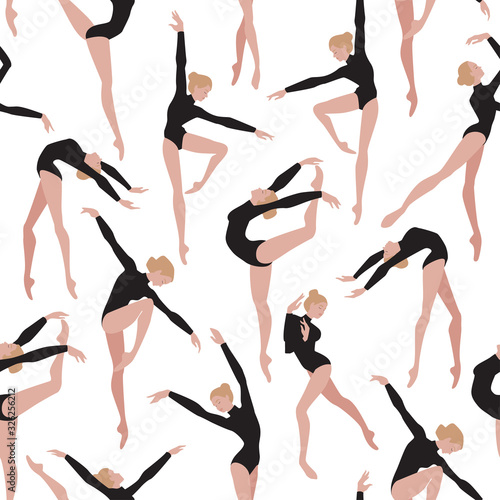 Seamless vector pattern with dancing women. Female beautiful classic dancers character.