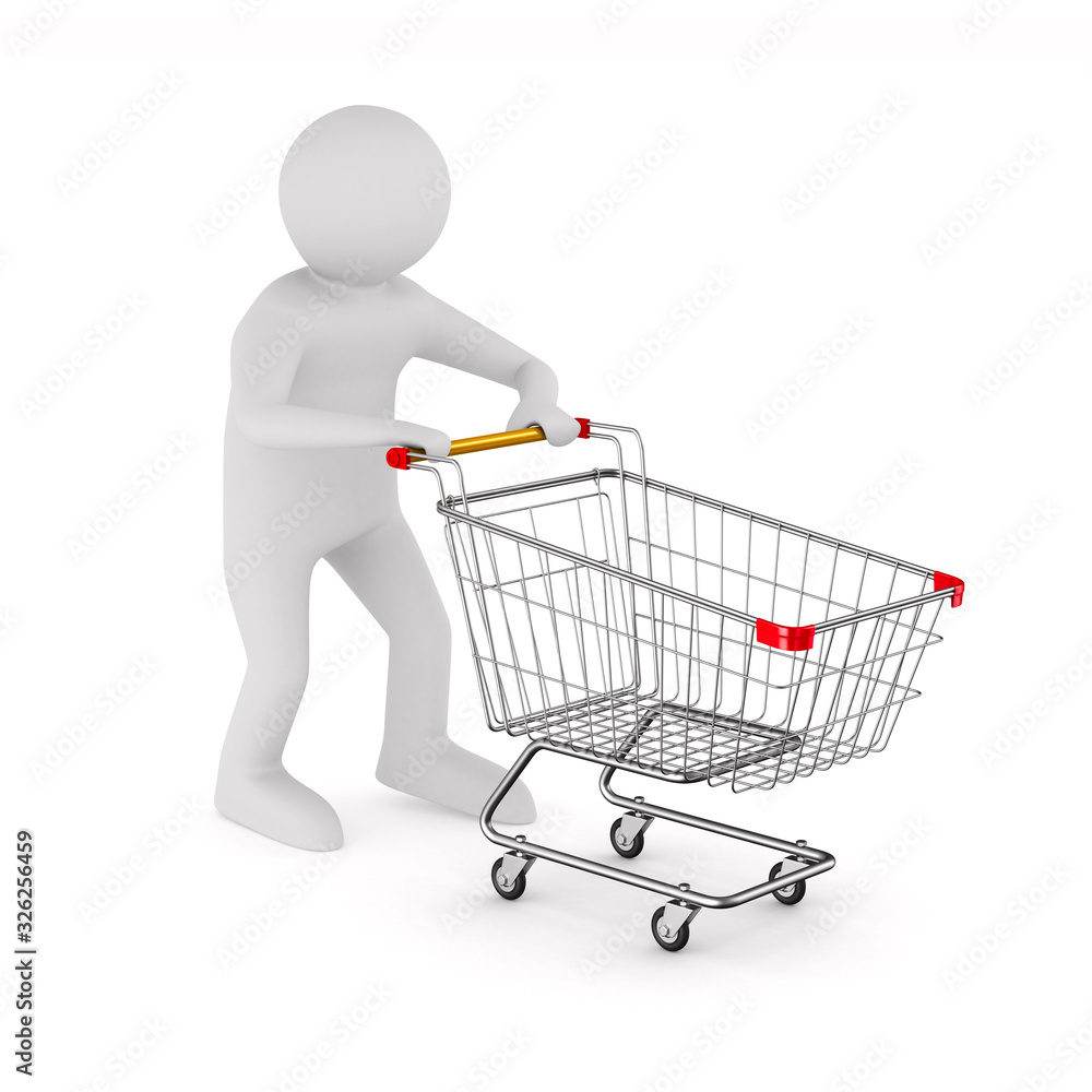 man and shopping cart on white background. Isolated 3D illustration man and shopping cart on white background. Isolated 3D illustration