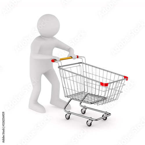man and shopping cart on white background. Isolated 3D illustration © Sergey Ilin
