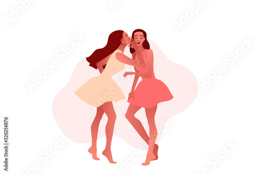 Two stylish model girls gossiping vector illustration. One excited blond girl whispers private secret or rumours to her friend. Pastel pale colorus.