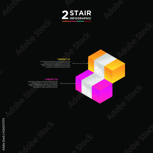 2 stair step timeline infographic element. Business concept with two options and number  steps or processes. data visualization. Vector illustration. isolated black and white background