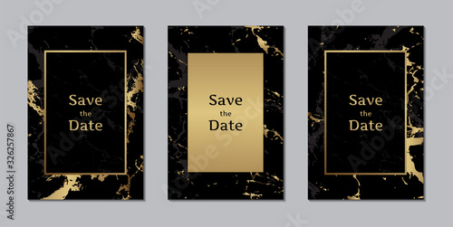 Wedding invitation cards black gold marble texture with frame design template