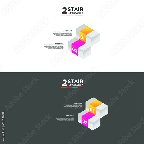 2 stair step timeline infographic element. Business concept with two options and number, steps or processes. data visualization. Vector illustration. isolated black and white background