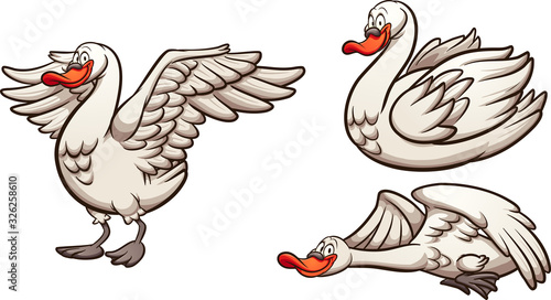 Fototapeta Naklejka Na Ścianę i Meble -  Cartoon swan in different  flying standing and swimming. Vector cartoon clip art illustration with simple gradients. Each on a separate layer.