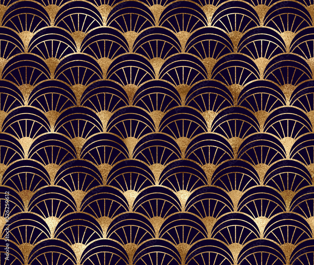Art deco seamless pattern with gold geometric shapes and golden glitter texture on black background. Art deco seamless pattern with gold geometric shapes and golden glitter texture on black background.