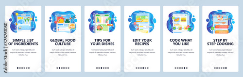 Cooking recipes online, step by step cook guide, world food cuisine, recipe book. Mobile app onboarding screens. Menu vector banner template for website mobile development. Web site illustration
